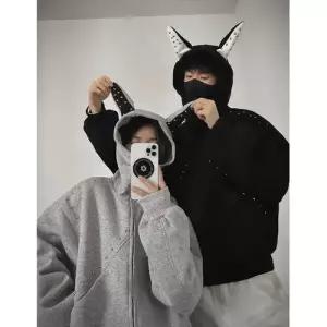 남성 가을 커플 장식 집업 쇼트 카디건 맨투맨 귀 후드 원픽3