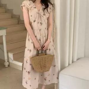 BANHANY 피어슨 ？？ 빈티지 브이넥 스트링 리본 플라워 플리츠 쉬폰 롱 원피스