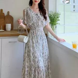 ONM 민소매 쉬폰 롱 원피스 브이넥 A라인 허리스모크밴딩