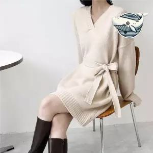 ONM 브이넥 리본 스트랩 니트 원피스 하객 데이트룩