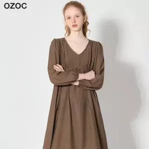 오조크 퍼프 소매 브이넥 롱 원피스