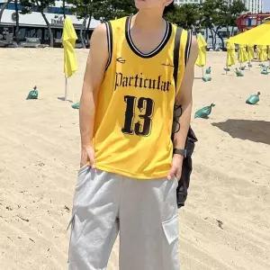 매쉬 오버핏 레터링 여름 휴가룩 짐웨어 나시 남자