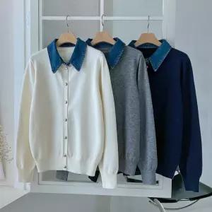 여자 캐주얼 데님 카라넥 레이어드 긴팔 니트 가디건