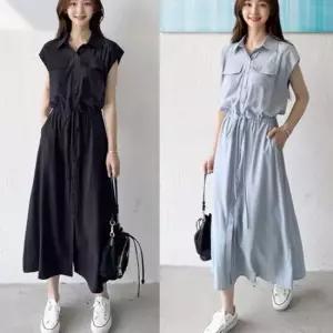 심플 페미닌 포켓 카라 라인 민소매 롱원피스