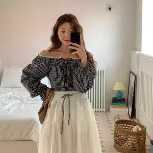 [신세계라이브쇼핑][옷자락] 여자 레이스 지퍼 체크 오프숄더 루즈핏 블라우스