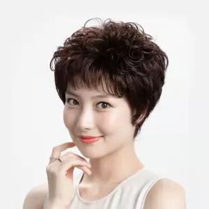 정수리 커버 자연스러운 웨이브 가발 다크브라운 중년 어머니 여자 여성 인모 부분