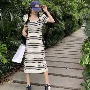비치룩 여름 데일리 스트라이프 반팔 스퀘어넥 롱 원피스 면원피스 브이 플레어 여성치마 플라워 하객 청치
