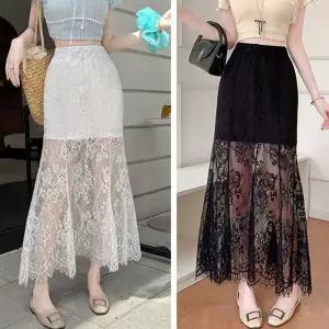 레이스 레이어드 스커트 시스루 롱스커트 패션치마 뒷지퍼 데이트룩여성롱 캐주얼 파티 화이트