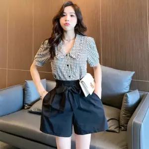 여성 데일리 데이트룩 체크 블라우스 팬츠 세트레이스 쉬폰 여름 봄신상 예쁜 여자 반팔 블라