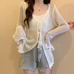 펀치 니트 스트링 가디건 리본포인트 긴팔 여성 여름 여름용 얇은 카디건 숏가디건 로브 망사 그물 숄가디