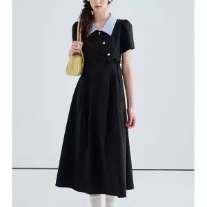 율랑팡 여자 치마 원피스 검정 여름 반팔 A라인 프렌치 중기장 칼라 HO2