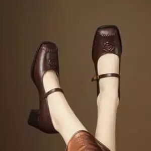 엘럽 여성용 빈티지 슈즈 일자 메리제인 스트랩 펌프스 하이힐 스틸레토 힐 박템5