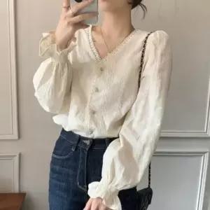 [옷은날개] 브이넥 프릴 퍼프 소매 블라우스 1P 데일리 하객룩