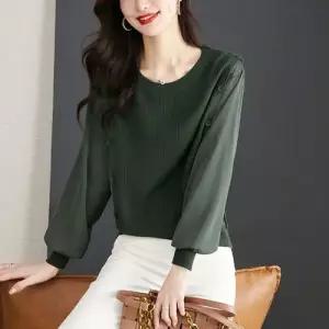 마킷4 캐주얼 여성블라우스 니트조합 벌룬소매 라운드넥 슬리브 블라우스 상의 JEN3