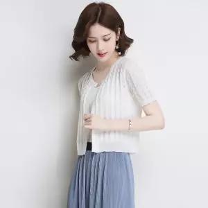 마킷4 여성 치마 니트 카디건 심플 루즈핏 반팔 쿨링 숄 숏 자외선 차단 나시 위에 얇은 펀칭 에어컨 셔츠