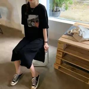 루즈핏 롱원피스 옆트임 반팔 마실룩 데일리 프린팅원