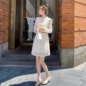 소매 시스루 도트패턴 플라워 레이스 자수 원피스