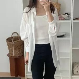 [문에이블]문에이블 여자 여성 여름 루즈핏 쉬폰 비치룩 휴양지룩 아우터 허리끈 긴팔