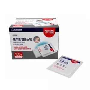 유한양행 해피홈 알콜스왑 100매 알콜 소독솜 알콜솜/1회용/일회용/약솜/알콜수왑/가정용/간편/소독/개별