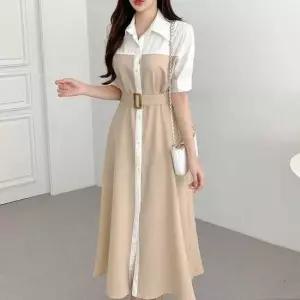 멜빵원피스 퍼프소매 배색 A라인 롱원피스 벨트포인트 하객룩