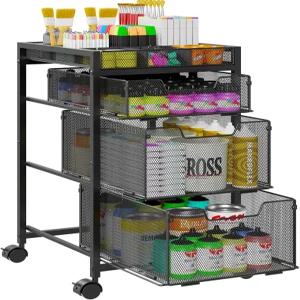 서랍 3개가 있는 롤링 유틸리티 카트 DIY 칸막이가 공예품 정리함 및 보관함 잠금 휠 미술 용품용 다기능