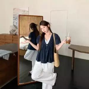 피콜로 여자 데일리룩 셔츠 무지데님 여름 스트라이프 데님 페이크 투피스 KUK2