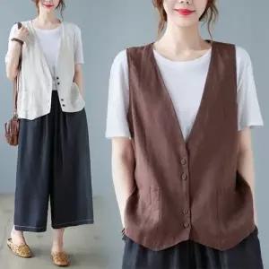 베이직 외투 버튼 후드 봄 가을 여성 조끼 린넨 루즈핏 잠바 무지 아우터 베스트 점퍼 1183994