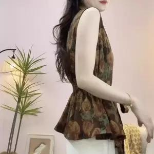 손오천 여사친 빈티지 블라우스 여름슬림핏 데일리룩 톱 셔츠 브이넥 민소매 프린트 KUK2