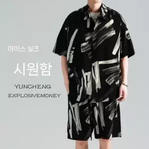 토르 남친 여름 빈티지 투피스 쿨링 트레이닝 세트 얇은 통기성 나염 반팔 셔츠 반바지 OPH2