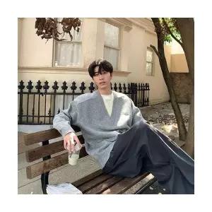 남성용 브이넥 니트 차콜 V넥 페이크 투피스 코트 가을 KS3