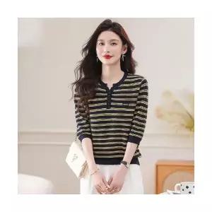 여성용 가을 니트 올 톱 얇은 스웨터 브이넥 스트라이프 슬림 7부 소매 KS3