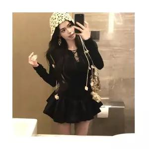 엘럽 여자 미니 스커트 프렌치 빈티지 멜빵 긴팔 원피스 가을 검정 봉오리 A라인 원템3