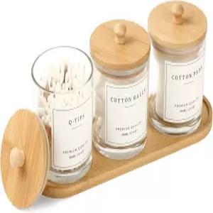 3팩 큐팁 홀더 - 욕실 정리함 및 보관함 화장지 원형 패드 면봉 디스펜서 치실 픽 뚜껑이 있는 유리 약병
