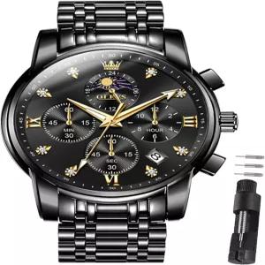 남성용 OLEVS 시계 크로노그래프 럭셔리 스테인리스 스틸 빅 페이스 읽기 쉬운 다기능 다이아몬드 로마