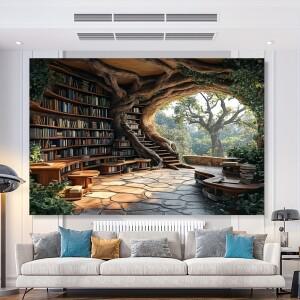 1개입 마법의 숲 & 도서관 태피스트리 - 돌 계단, 책장 및 나무 뿌리 디자인이 있는 생동감 넘치는 폴리에
