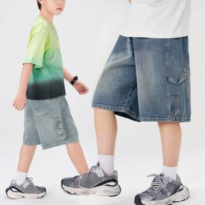 10대 주니어 커펜터 허리밴딩 버뮤다 청바지 여름 데님팬츠 와이드핏 남아 반바지 여아 5부