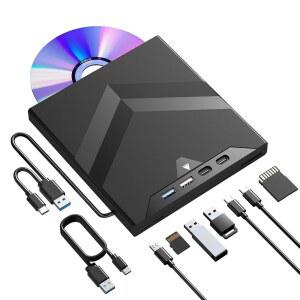 eAj Taopjwr 7-in-1 외장 CD/DVD 드라이브, USB-C 및 SD/TF 카드 슬롯, 노트북 휴대용 CD/DVD 버너용 USB 3.0 & Type C CD/DVD 플레이어, PC Mac Book용 Windows 11 /10 /8 /7 Linux macOS 지원