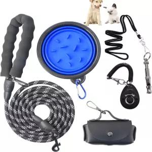 초보자용 반려견 훈련 스타터 키트 반사 목줄 클리커 조절 가능한 호루라기 접이식 슬로우 피더 볼 및 배변