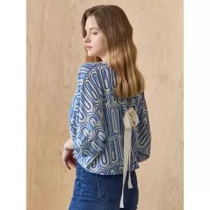 [하프클럽/]백리본 기하학 패턴 7부 튜닉 블라우스