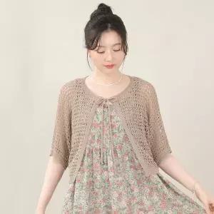 [하프클럽/] 엄마옷 사각 그물 끈 니트 여성 여름 라운드 5부 칠부 볼레로 숏