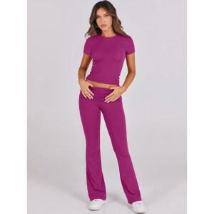 ANRABESS 여성 캐주얼 2피스 라운지 세트 헬스장 크롭탑 플레어 레깅스 요가 운동복