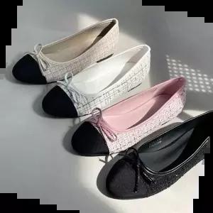 가죽플랫 트위드 패턴 디자인 베이직 쉐입 리본장식 플랫슈즈