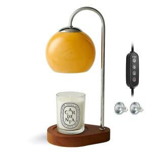 타이머와 디머가 있는 키미카타 모던 캔들 워머 램프, 디밍 가능한 전기 램프 워머, 왁스 멜트 나무 베이스가 유리, 홈 데코 선물 2개 전구 포함 (갈색 및 스테인드 우드 베이스)