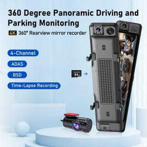 아딘캄 4채널 11인치 4K+1K+1K+1K 360 ° 미러 대시 캠 ADAS BSD LCA WiFi 나이트 비전 24H 주차 모니터 시