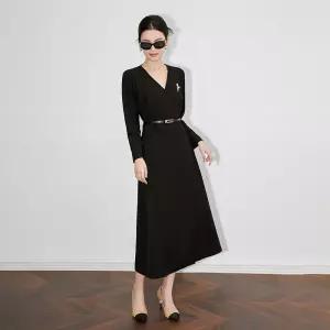 여성원피스 봄가을 풀오픈 고급 통근 슬림핏 브이넥 조임 블랙 정장 원피스 심쿵돌직구