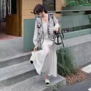 EAMT 여자 원피스 캐주얼 정장세트 세트 시크 수묵화 조끼 EUNG1