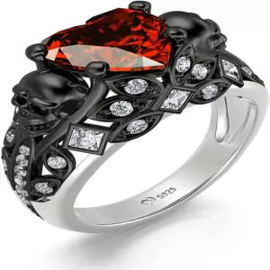 줄리아 2.55ct 해골 약혼 반지 세트 스털링 실버 하트 컷 레드 다이아몬드 루비 큐빅 지르코니아 결혼식