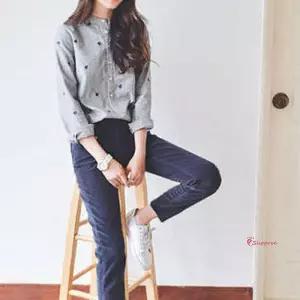 여성셔츠남방 포근해보이는 나뭇잎 여자 자수 가을 데일리 노카라 대학생 패턴 주니어 청소년 대학생룩xyz9