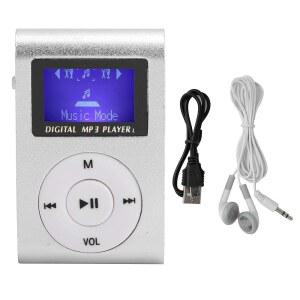 [미국배송] 클립 USB 및 LCD 화면을 갖춘 휴대용 미니 MP3 뮤직 플레이어 32GB 메모리 카드 이어폰 케이블(실버) 지원