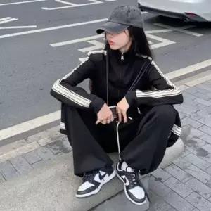 여성 캐주얼 와이드 팬츠 크롭 집업 라인 트레이닝 세트